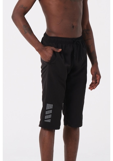 Siyah Büyük Beden Diz Altı Uzun Boy Basic Model Su İtici Özellikli Erkek Plaj Deniz Kapri Şort 001