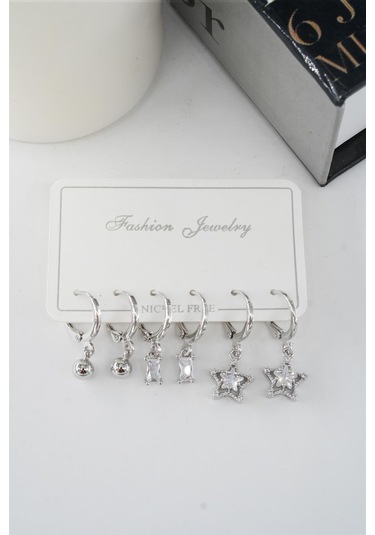 Byzeynaaksesuar Kadın Zirkon Taşlı Sallantılı Yıldız Figürlü Klipsli 6'lı Küpe Seti Çok Renkli
