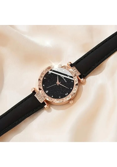 Kadın Vintage Yuvarlak Saat Analog Ve Kolye+küpe+yüzük Takı Altın - Siyah