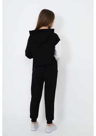 Kız Çocuk %100 Pamuk Garnili Kapüşonlu Uzun Kol Alt&üst Eşofman Takım-eşt-0018 Siyah