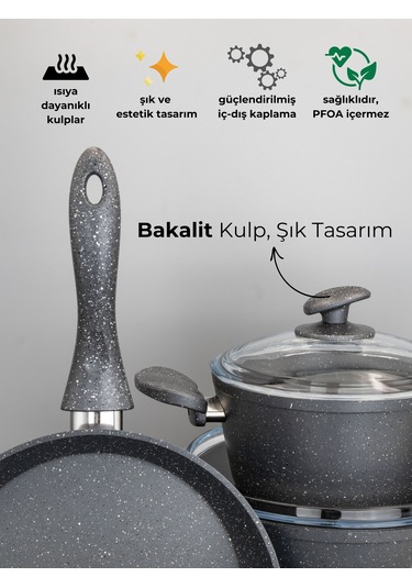Bonera 13 Parça Granit Set - 18-20-26cm Tencere + 26 Tava + 6 Parça Kaşık Set