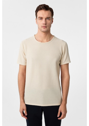 SÜVARİ Ekru Slim Fit Armürlü Bisiklet Yaka Tişört-37260 Ekru