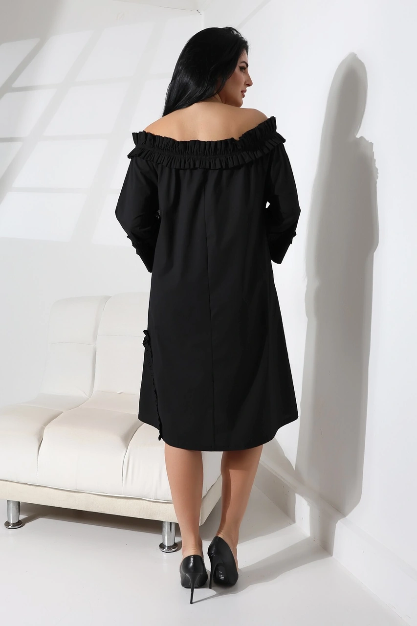 Schık Schık Kadın Yaka Büzgülü Kol Ve Etek Ucu Fırfır Detay Cepli Elbise Siyah Sckwm24el02 Siyah