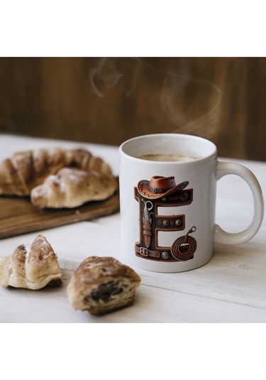 E Harfi Kovboy Temalı Bardak 330 Ml İsim / Harf Kişiye Özel Hediye - Vahşi Batı Konsept Beyaz