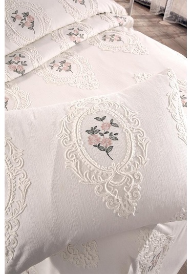 Gardenlove Nakışlı Şönil 2 Parça Tek Kişilik Yatak Örtüsü Krem Krem