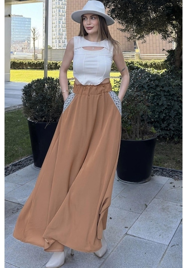 WeShaya Kadın Taba Beli Lastikli, Cepleri Hasır İşlemeli, Rahat Kesim, Uzun Kiloş Etek Taba