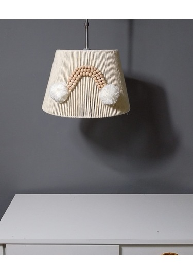 Ekru Makrome Avize Abajur Set Ahşap Boncuklu Bebek Çocuk Odası E27 Uyumlu Ekru