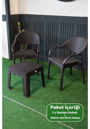Bambu Rattan Görünümlü Sehpalı Set 2 Adet Koltuk + 45 Cm Sehpalı Sandalye Seti Kahverengi
