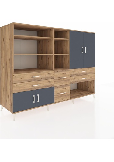 Kronos Dolap 10 Raflı 6 Çekmeceli 4 Kapaklı 220x59x163 Çam-antras Çam-antrasit/çam