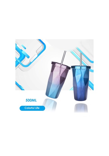 Gajeena Stahl Çift Katlı Isı Saklama Bardak, İki Renkli Desen, Pipetli, 500ml Kapasite, Gümüş Sarı Mavi Mor Turuncu Siyah Seçenekleri