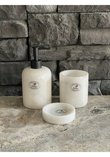 Beyaz Mermer Sıvı Sabunluk, Diş Fırçalığı. Katı Sabunluk 3'lü Set. Siyah Aksesuarlı Beyaz
