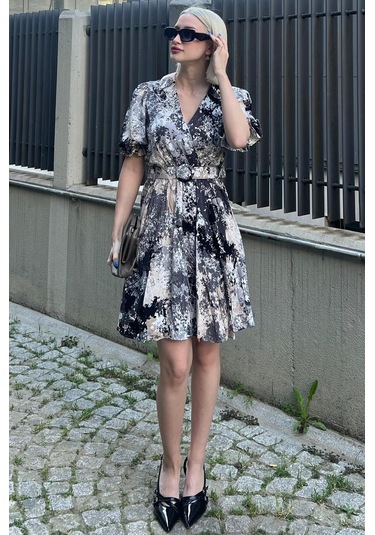 Madmext Siyah Desenli Kruvaze Yaka Kemerli Mini Elbise Mg2073-siyah