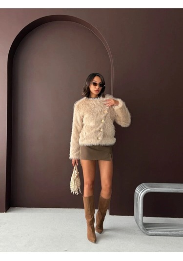 Kadın Vintage Peluş Tüylü Crop Ceket Altın Düğmeli Bisiklet Yaka Kışlık Şık Ceket Taş