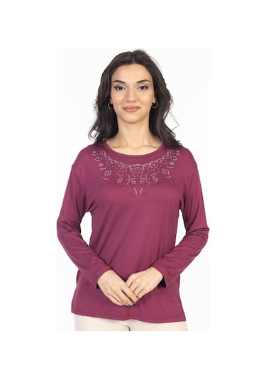 Yeni Model Taş İşlemeli Yuvarlak Yaka Likralı Anne Penye Bluz 6420-gül Kurusu