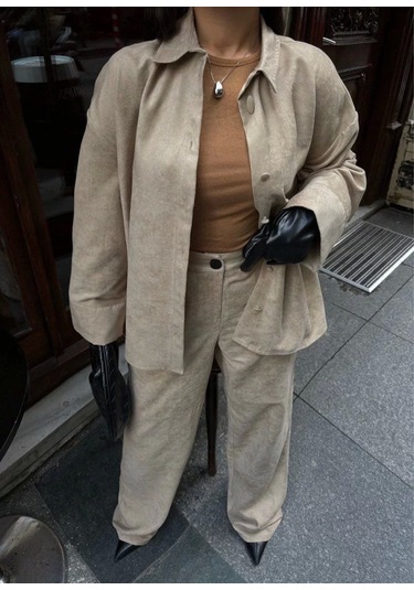 Süet Gömlek Palazzo Pantolon İkili Takım - Bej Bej