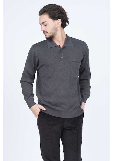 Ateş Triko Erkek Polo Yaka Düğmeli Yün Kazak 6091023 Koyu Gri Koyu Gri