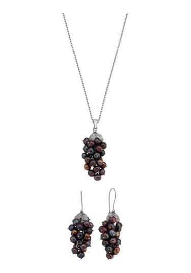 Üzüm Salkımlı Doğal İnci Küpe Kolye İkili Set 40 Cm / Beyaz Gümüş