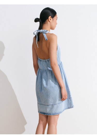 Dilvin 90571 Önü Büzgülü Mini Denim Elbise-mavi Mavi