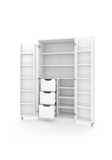 165 Derece Açılabilir 2 Kapaklı, 3 Çekmeceli, Kavanoz Raflı Kiler Ve Erzak Mutfak Dolabı Beyaz