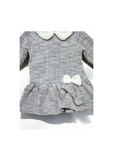 Çikoby Kız Bebek Peluş Detaylı Desenli Elbise-14889 Gri