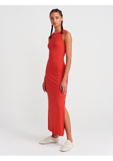 Dilvin 91381 Yırtmaç Detaylı Midi Boy Elbise-kırmızı Kırmızı