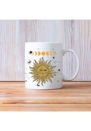 Mistik Tarot Güneş Ve Ay Tasarımlı Porselen Kupa Beyaz
