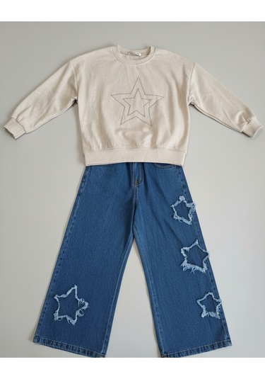 Badili Taş İşlemeli Yıldız Detaylı Kız Çocuk Takım Beyaz