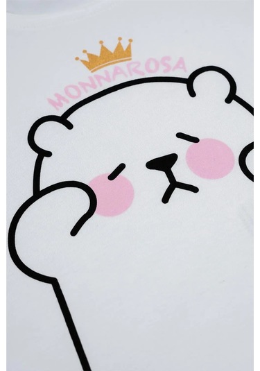 Kız Çocuk Beyaz Prenses Ayıcık Detaylı Monna Rosa Yazılı Tişört Beyaz