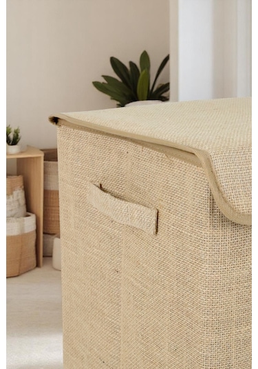 İronika Jüt Kapaklı Kutu Dolap İçi Organizer Oyuncak Eşya Çamaşır Saklama Kutusu Düzenleyici 35x42x23 Açık Kahverengi