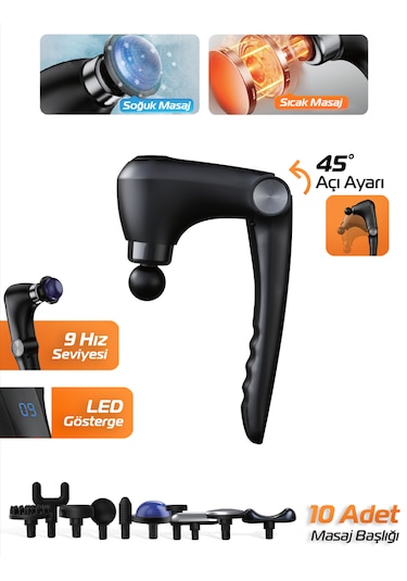 7go 7gmg1 Katlanabilir Sıcak & Soğuk Başlıklı Masaj Aleti 9 Kademeli, 10 Farklı Başlık, 1800mah Li Siyah