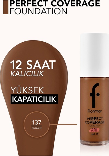 Flormar Perfect Coverage Yoğun Kapatıcı Su Bazlı Fondöten (Sıcak Alt Ton) -137 Nutmeg-8682536070676