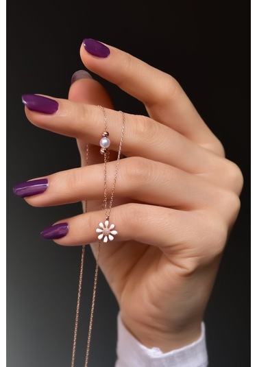 925 Ayar Gümüş Rose Kaplama Incili Dorika Toplu Mineli Papatya Kolye