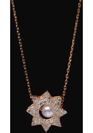 925 Ayar Gümüş Rose Kaplama Zirkon Taşlı Montür İncili Güneş Kolye