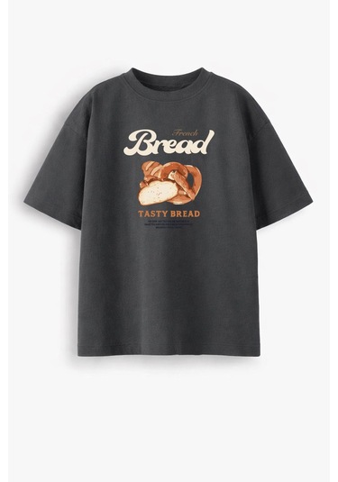 Kadın Premium Kumaş Baskılı Oversize T-shirt Antrasit