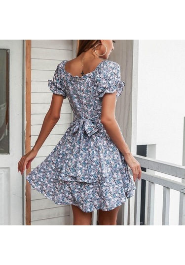 Aboe Diz Kısa Puf Kollu Kadın İlkbahar Yaz Elbisesi A-line Slash Boyun Yüksek Bel İnce Basamaklı Fırfır Çiçek Baskı S-xl Mavi
