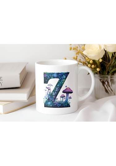 Z Baş Harfi Fantastik Mantarlı Kupa Bardak - Kişiye Özel Masalsı Bardak - Hediye Beyaz