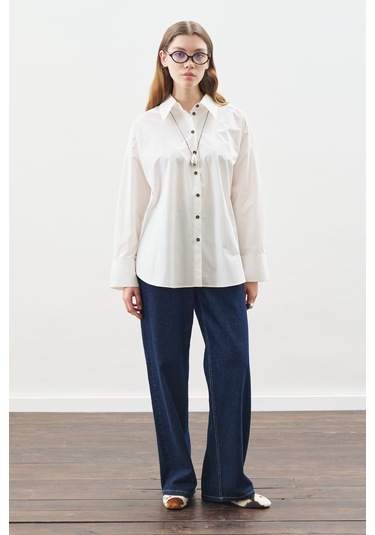 Tasarım Detaylı Oversıze Gömlek Ekru Ekru