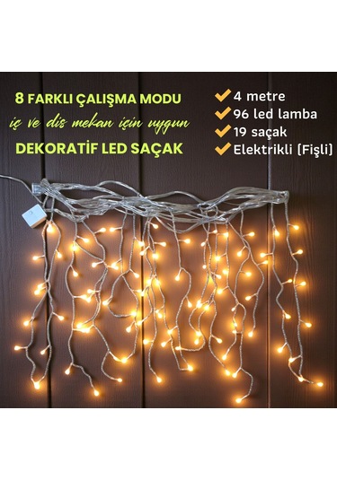 Upway 8 Modlu Saçaklı 96 Led - Ev Balkon Bahçe Parti Sınıf Dekoratif Aydınlatma Sarı