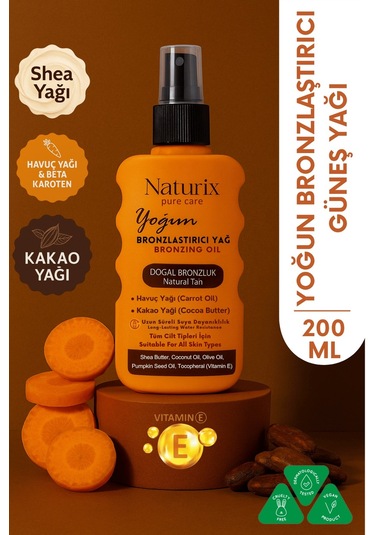 Yoğun Bronzlaştırıcı Yağ Havuç & Kakao Yağı, Shea Butter, Vitamin E, Tüm Cilt Tiplerine Uygun Sprey 200 Ml