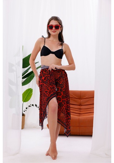 Tarzını Seç İç Gösterir Transparan Pareo - Kırmızı Leopar Model 150x95 Cm Çok Renkli