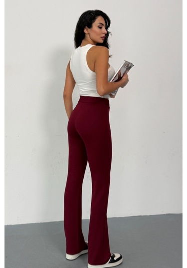 Krep Kumaş Likralı Önü Çimalı Kahverengi Kadın Palazzo Pantolon Bordo