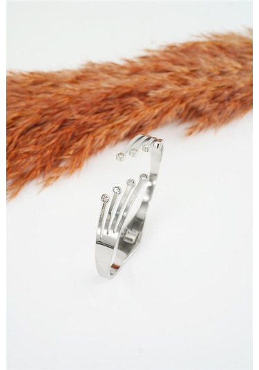 Kadın 316 L Paslanmaz Çelik Anti Alerjenik Zirkon Taşlı Çelik Bileklik -3553 Gümüş