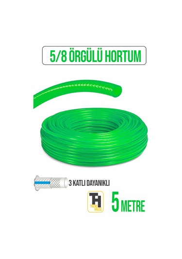 5/8 Örgülü Bahçe Hortumu Çatlamaz, Kırılmaz, Esnek 5 Metre Yeşil