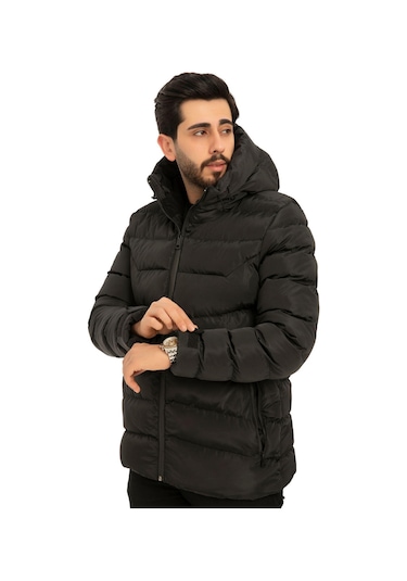 Erkek Kapüşonlu Polarlı Kürklü Su Geçirmez Rüzgara Dayanıklı Şişme Mont Kaban Parka Siyah