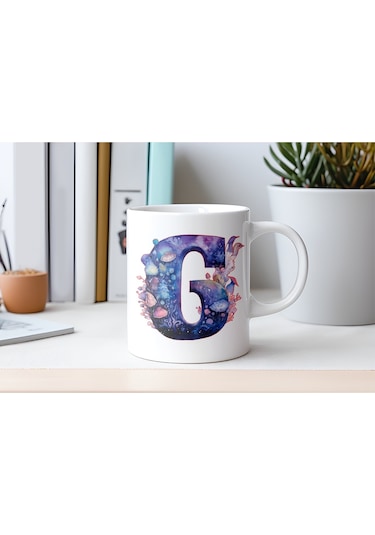 G Baş Harfi Fantastik Mantarlı Kupa Bardak - Kişiye Özel Masalsı Bardak - Hediye Beyaz