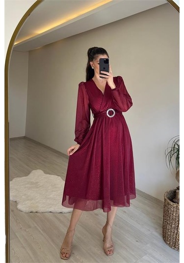 Neşeli Butik Kadın Kruvaze Yaka Tokalı Midi Boy Işıltılı Elbise Nm009 Bordo