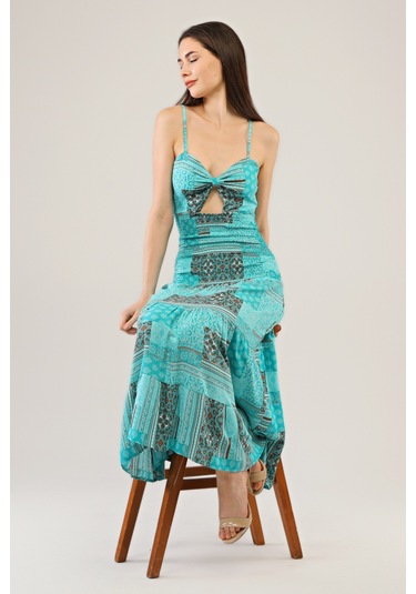 Avver Kadın Gipeli Lastikli Omuz Askılıklı Elbise-Mavi