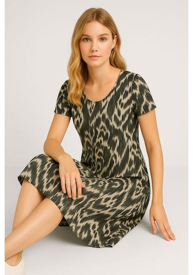 2 Adet Dökümlü Rahat Kalıp Günlük Penye Kumaş Elbise Haki