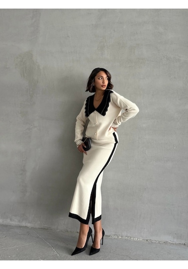 Kadın Bebe Yaka Triko Takım Ekru