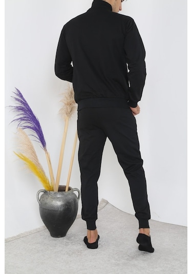 Erkek Dik Yaka Fermuarlı Eşofman Takım - Siyah Siyah